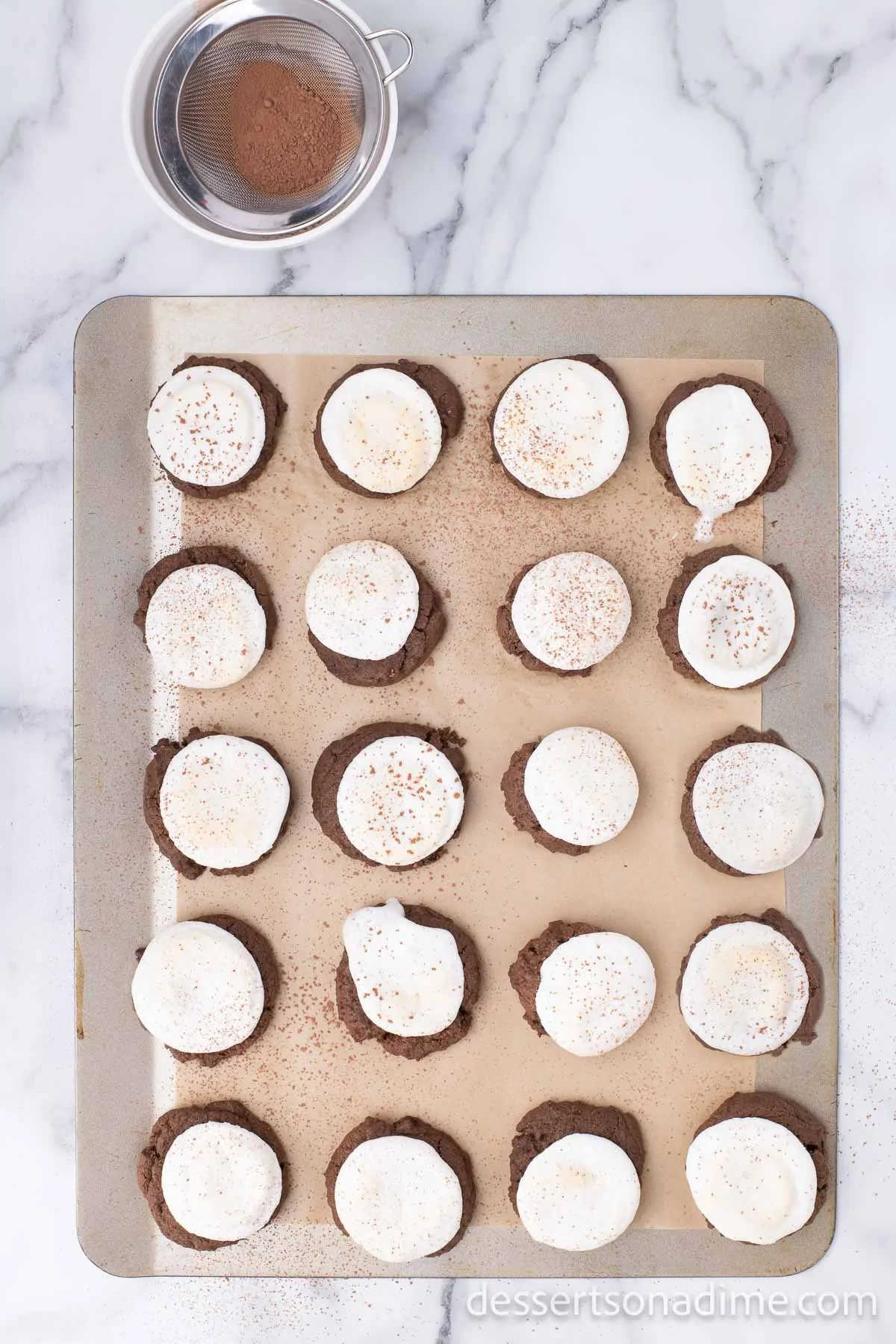 Cocoa powder sprinkled on each marshmallow. 