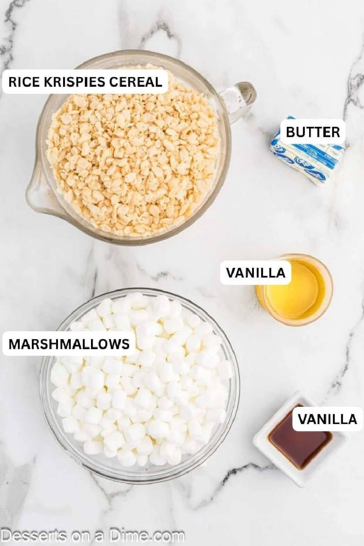 Ingredients for recipe: corn syrup, unsalted butter, cereal, marshmallows and vanilla extract. 