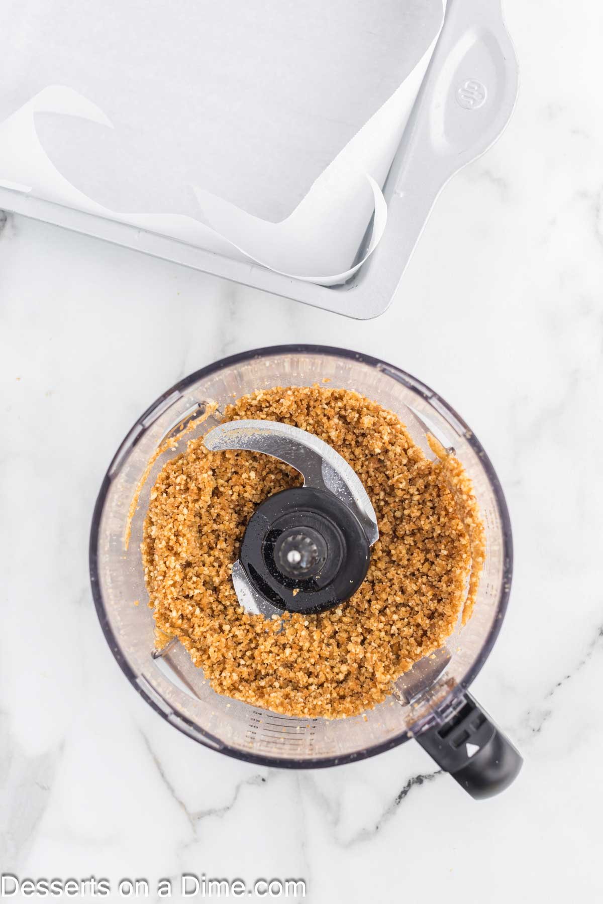 Nilla wafers crumbs in a food processor.