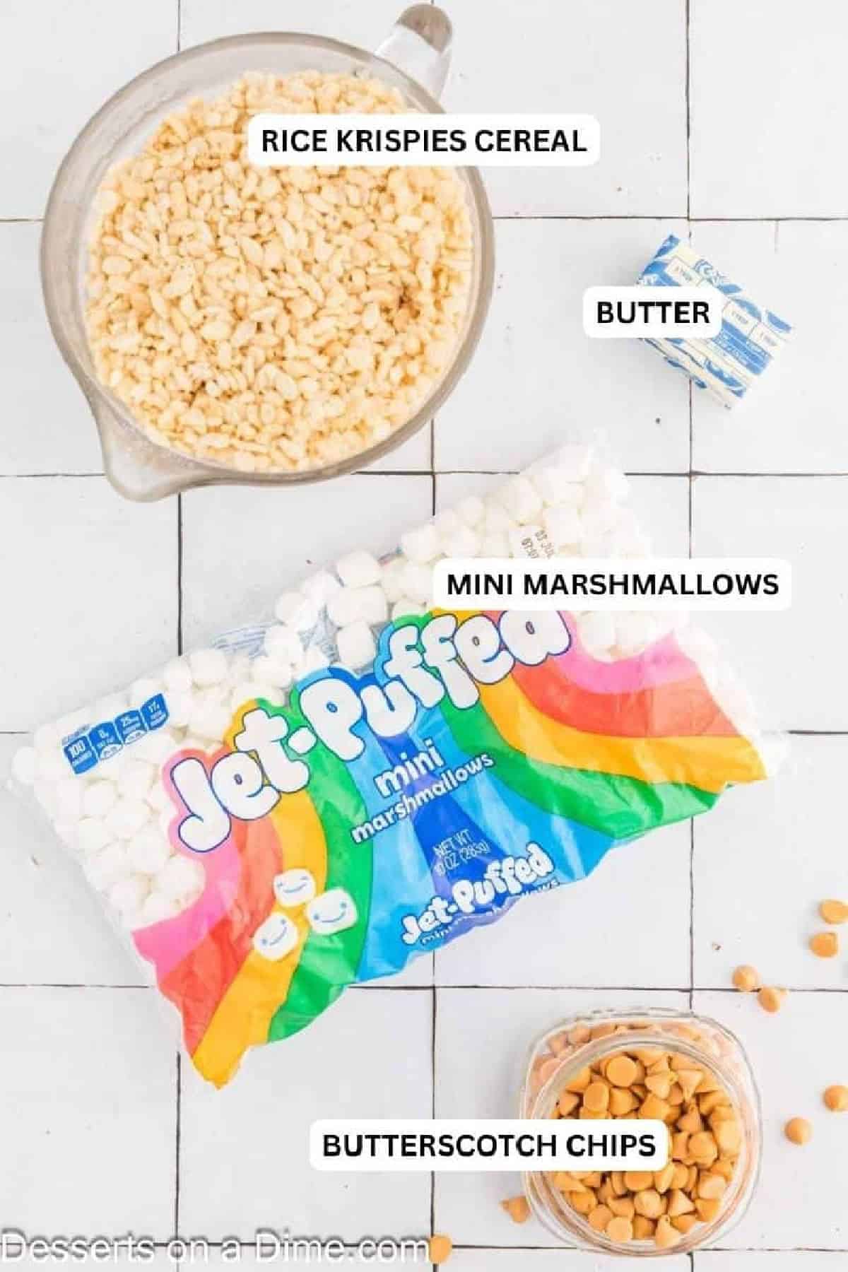 Ingredients for recipe: butterscotch chips, mini marshmallows, butter and rice krispies cereal.