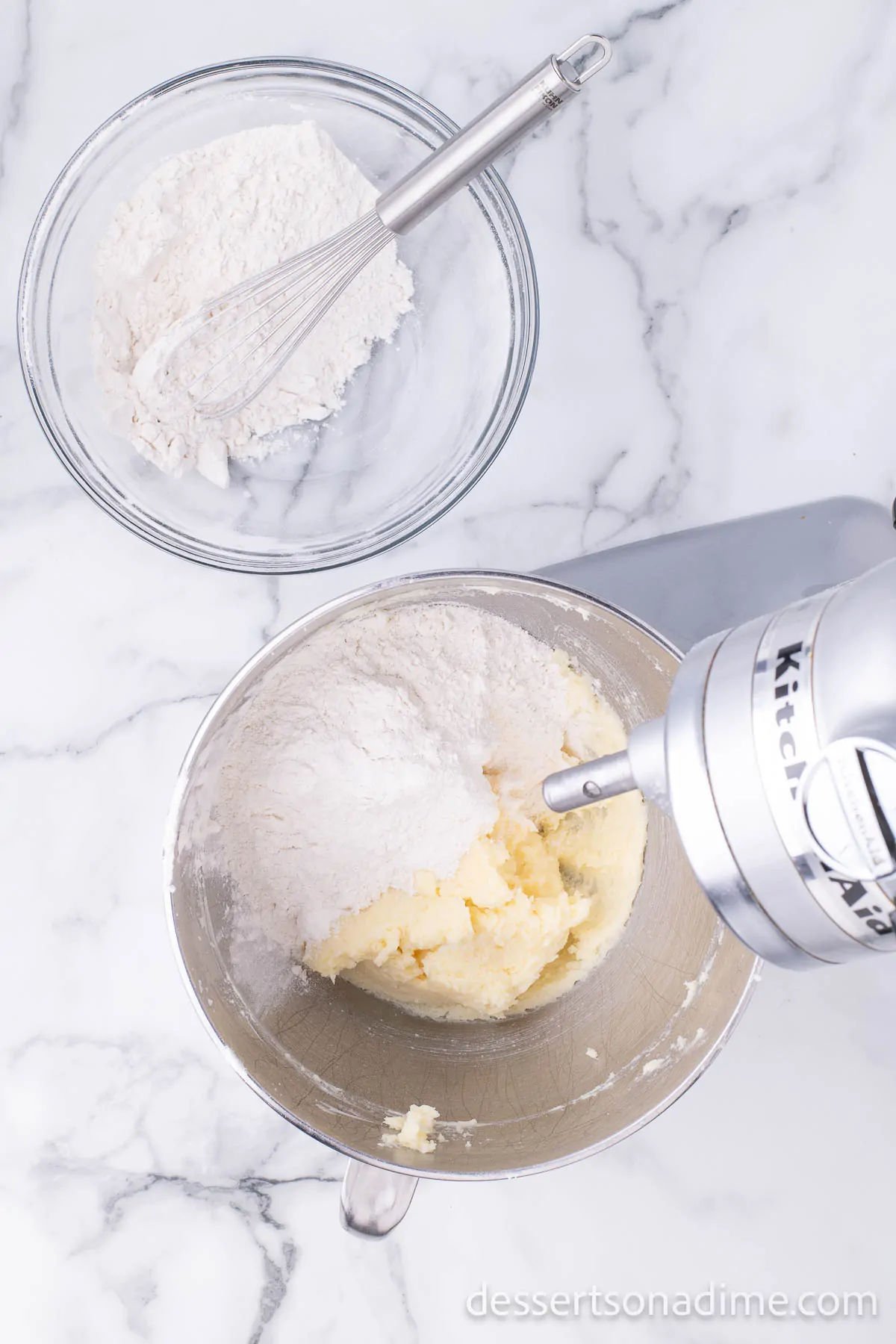 Wet and dry ingredients combined together in a bowl.