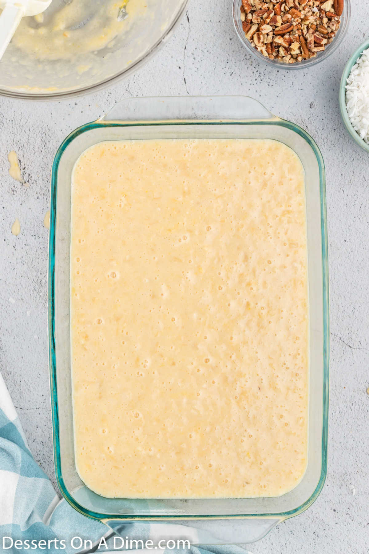 Batter in baking dish. 