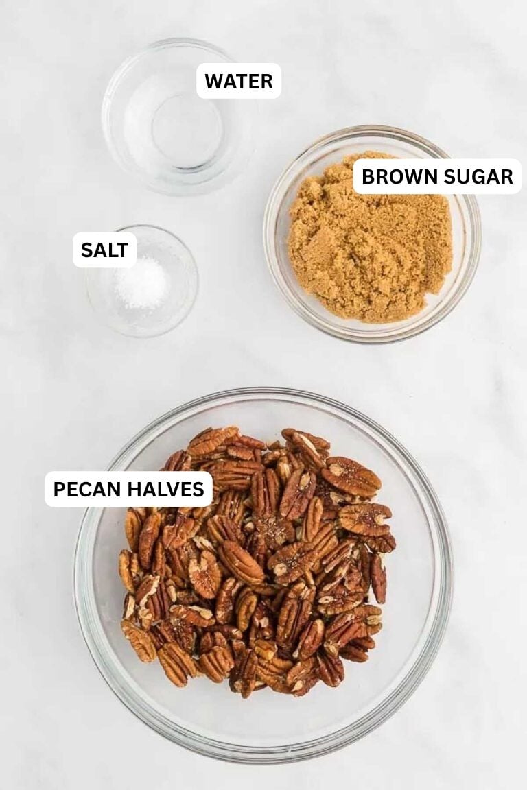 Ingredients for recipe: pecan halves, brown sugar and salt. 