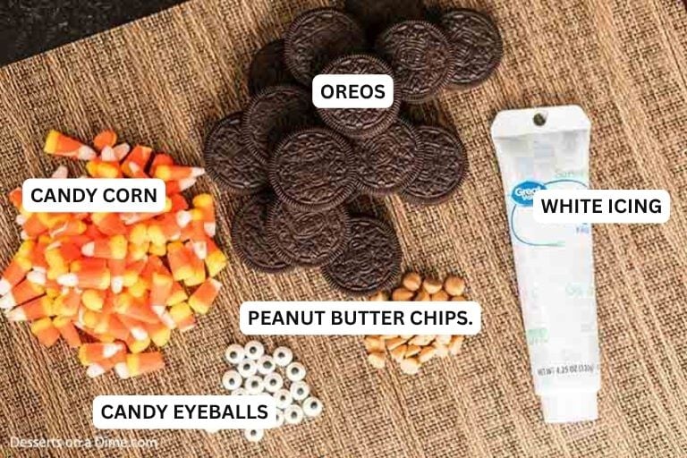 Ingredients to recipe: candy corn, Oreo cookies, candy eyes and peanut butter chips. 