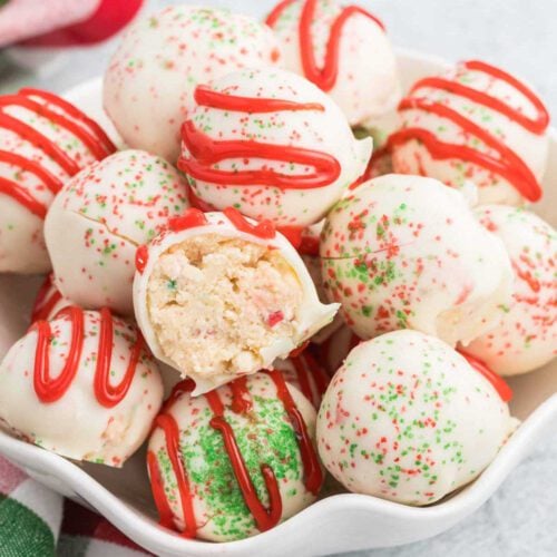 Little Debbie Cake Balls in a white bowl.