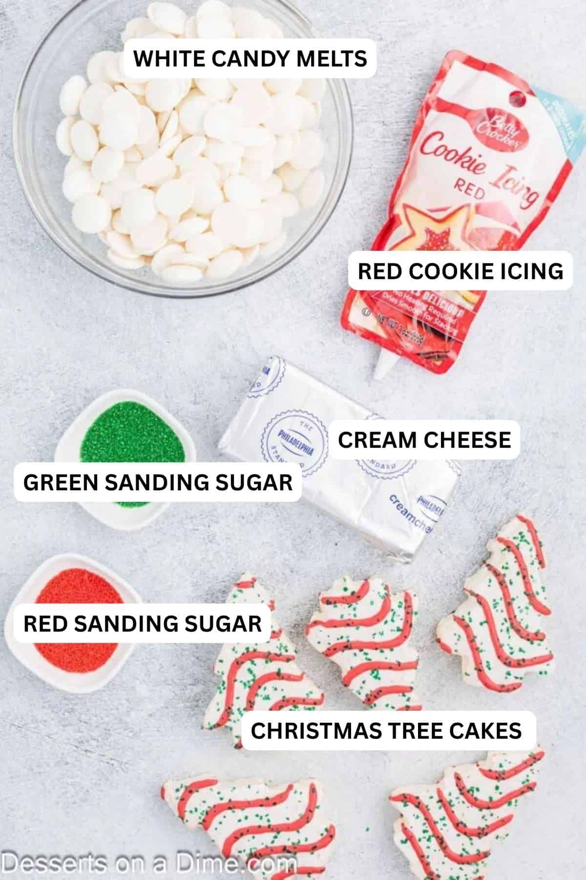 Ingredients for recipe: Little Debbie Christmas tree cakes, cream cheese, white candy melts, red cookie icing, red and green sanding sugar.