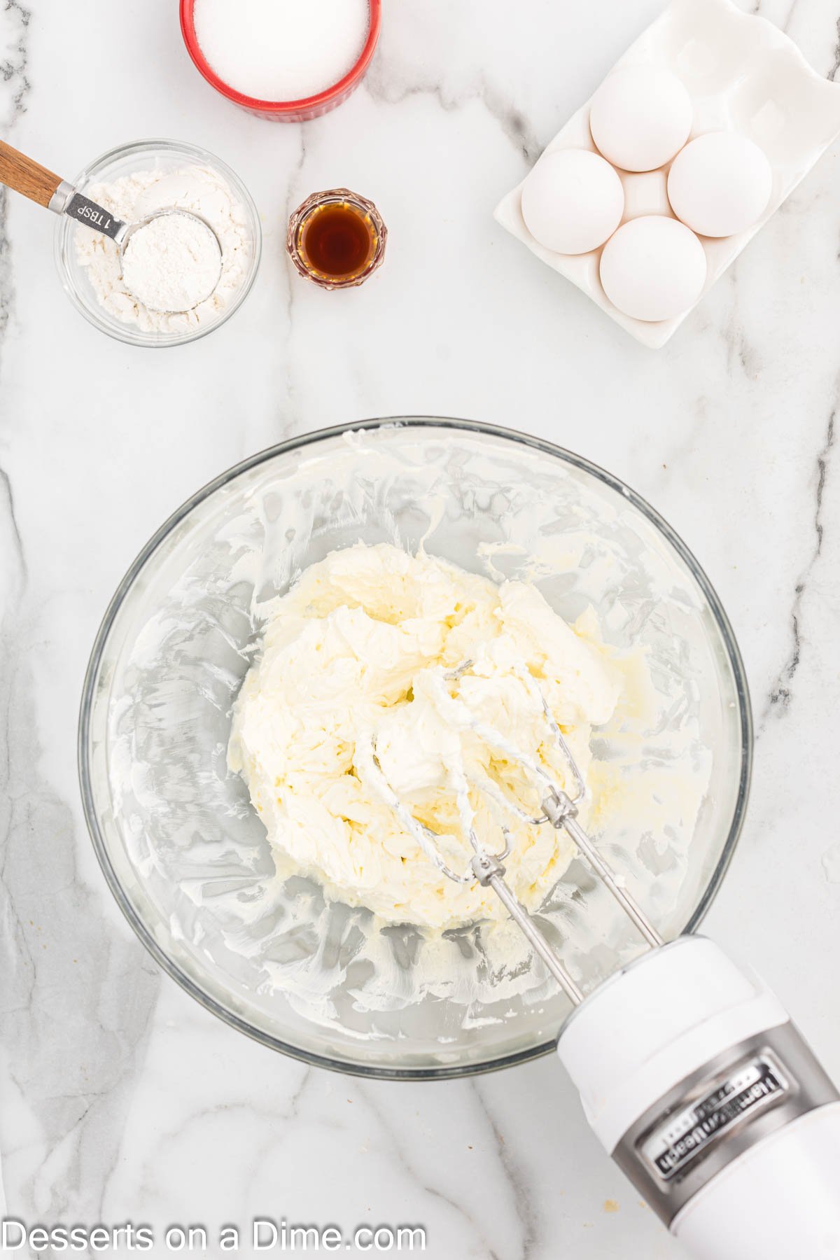Cream cheese beat until fluffy. 