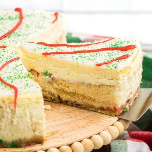 Little Debbie Christmas Tree Cheesecake being sliced.
