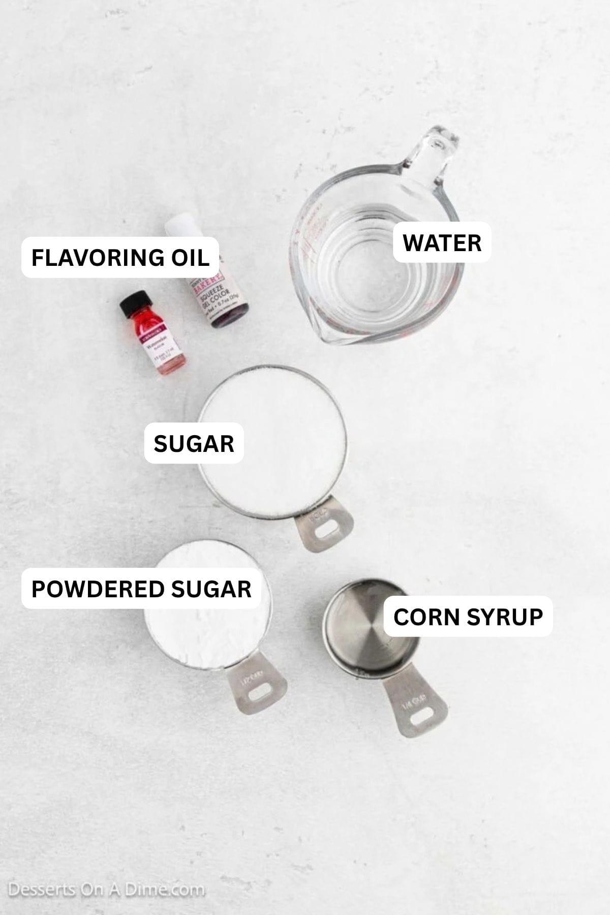 Ingredients for recipe: corn syrup, powdered sugar, sugar, water and flavoring oil. 