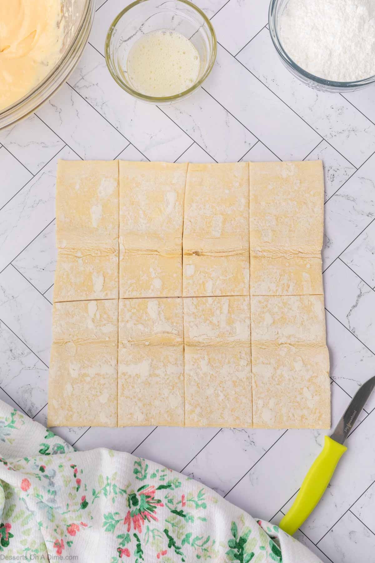 Pastry cut into rectangles.