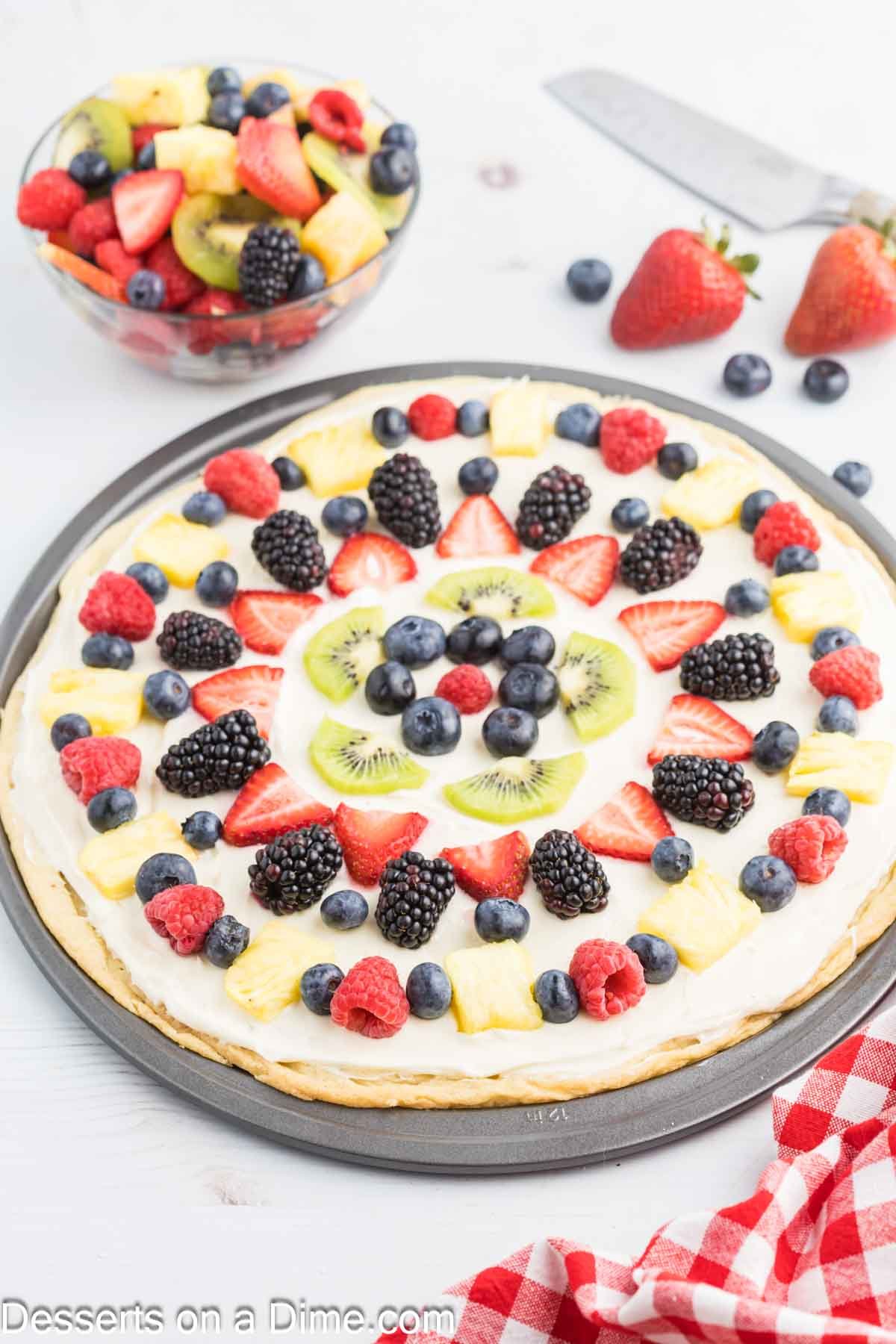 Fruit Pizza arranged with fruit.