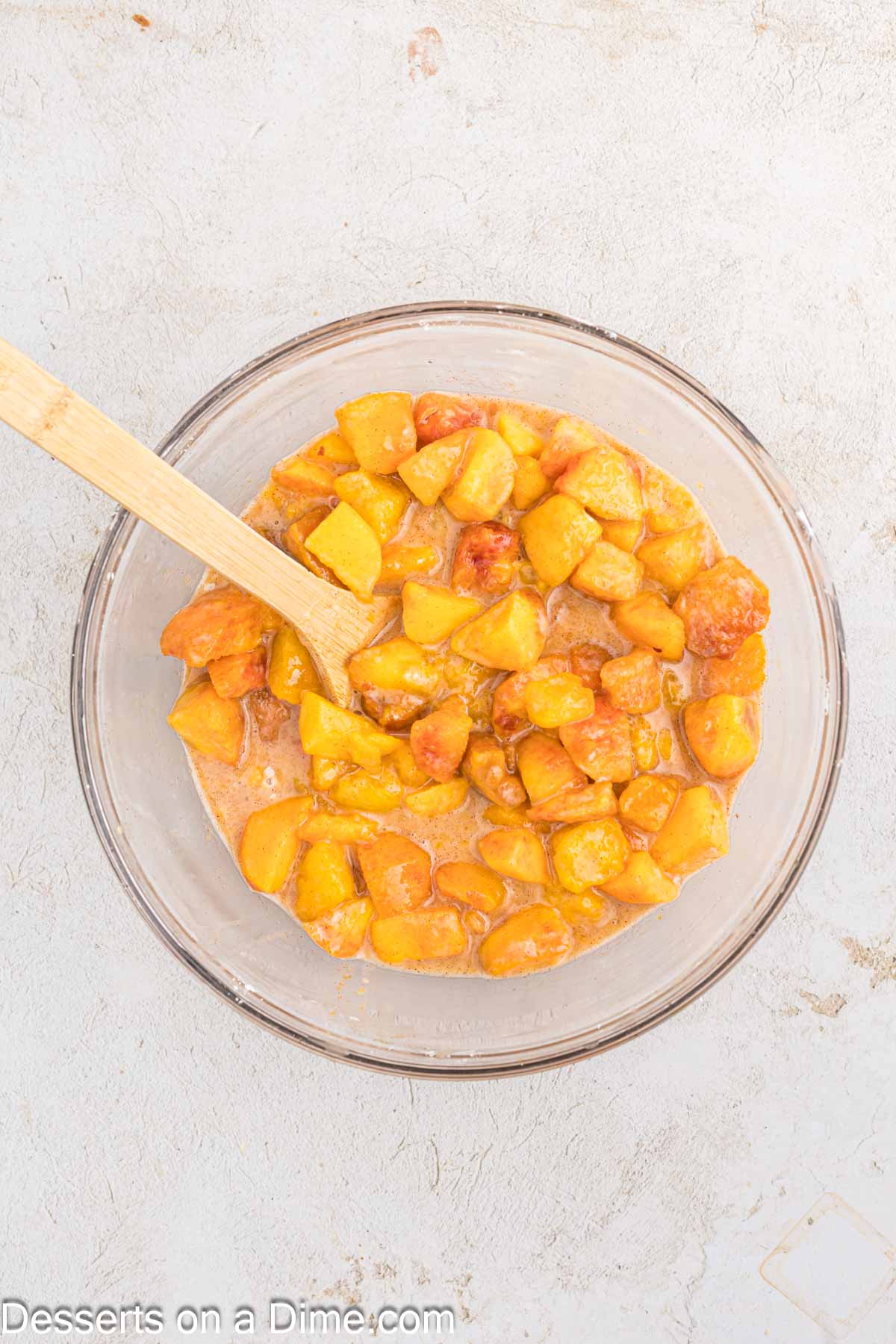 Diced peaches with sugar, cornstarch and lemon mixed together.
