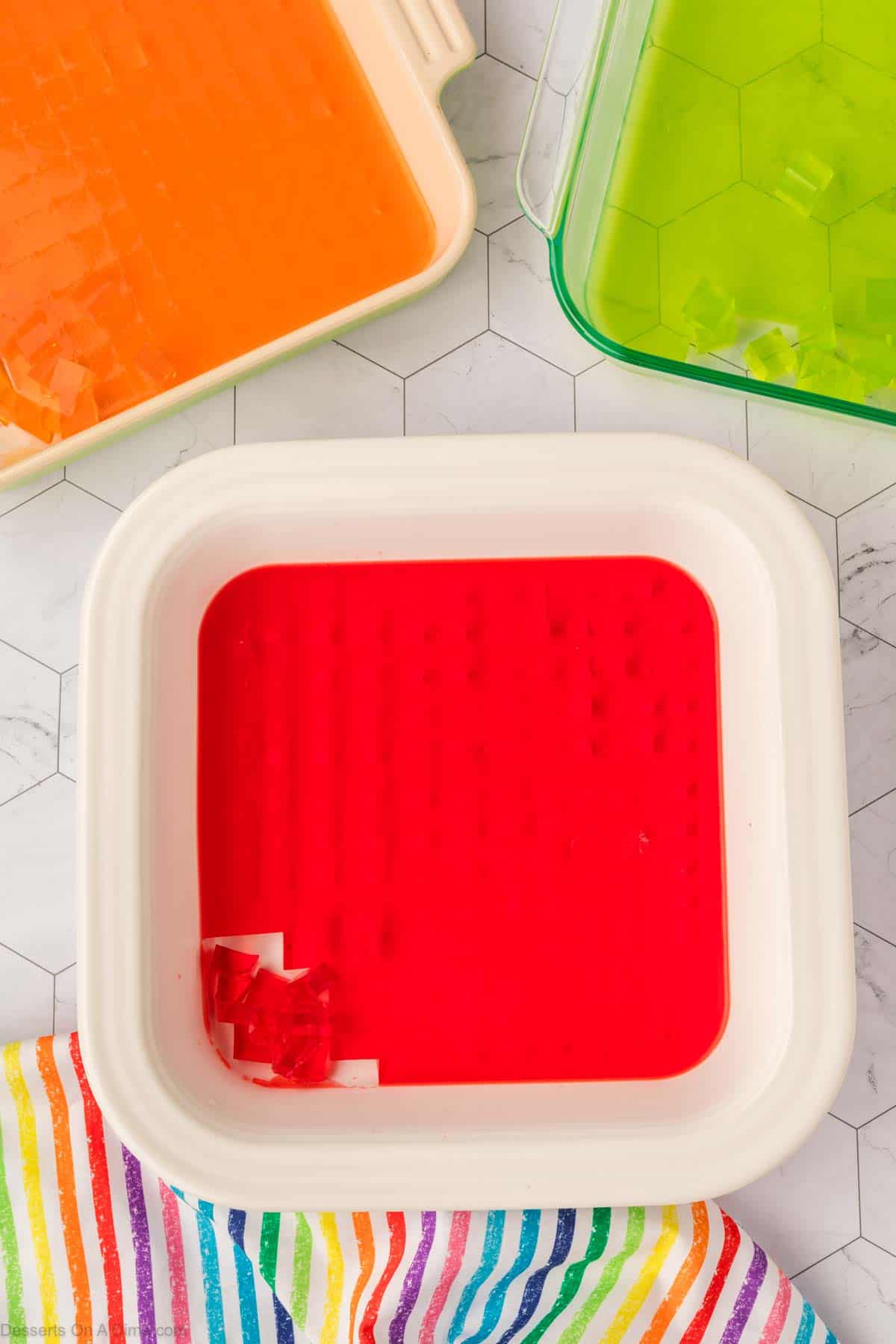 Jello cut into cubes.
