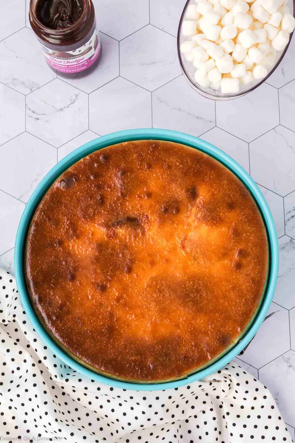 Cheesecake baked and cooling in pan.