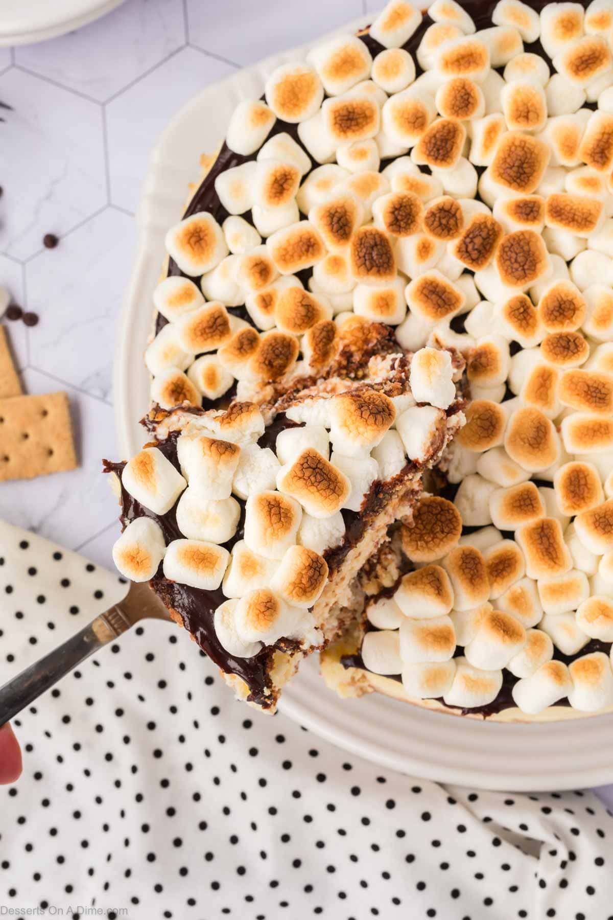 S'mores cheesecake being sliced.