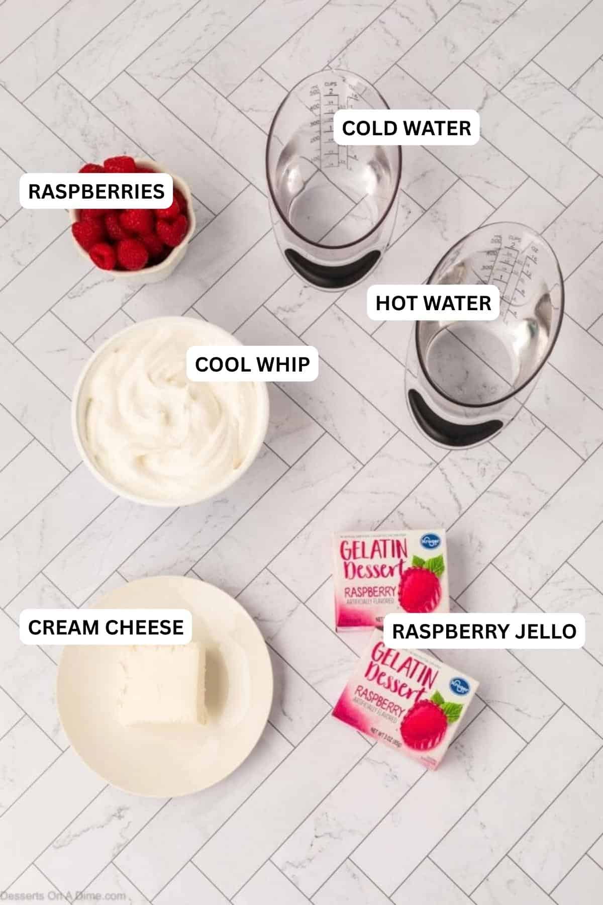 Ingredients for recipe - jello, cream cheese, cool whip, water.