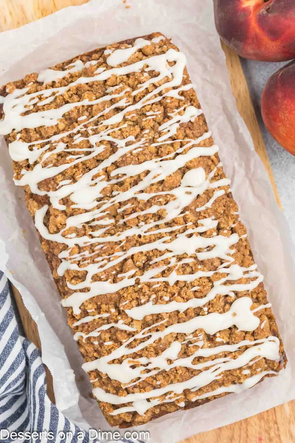 Peach Bread topped with glaze ready to serve.