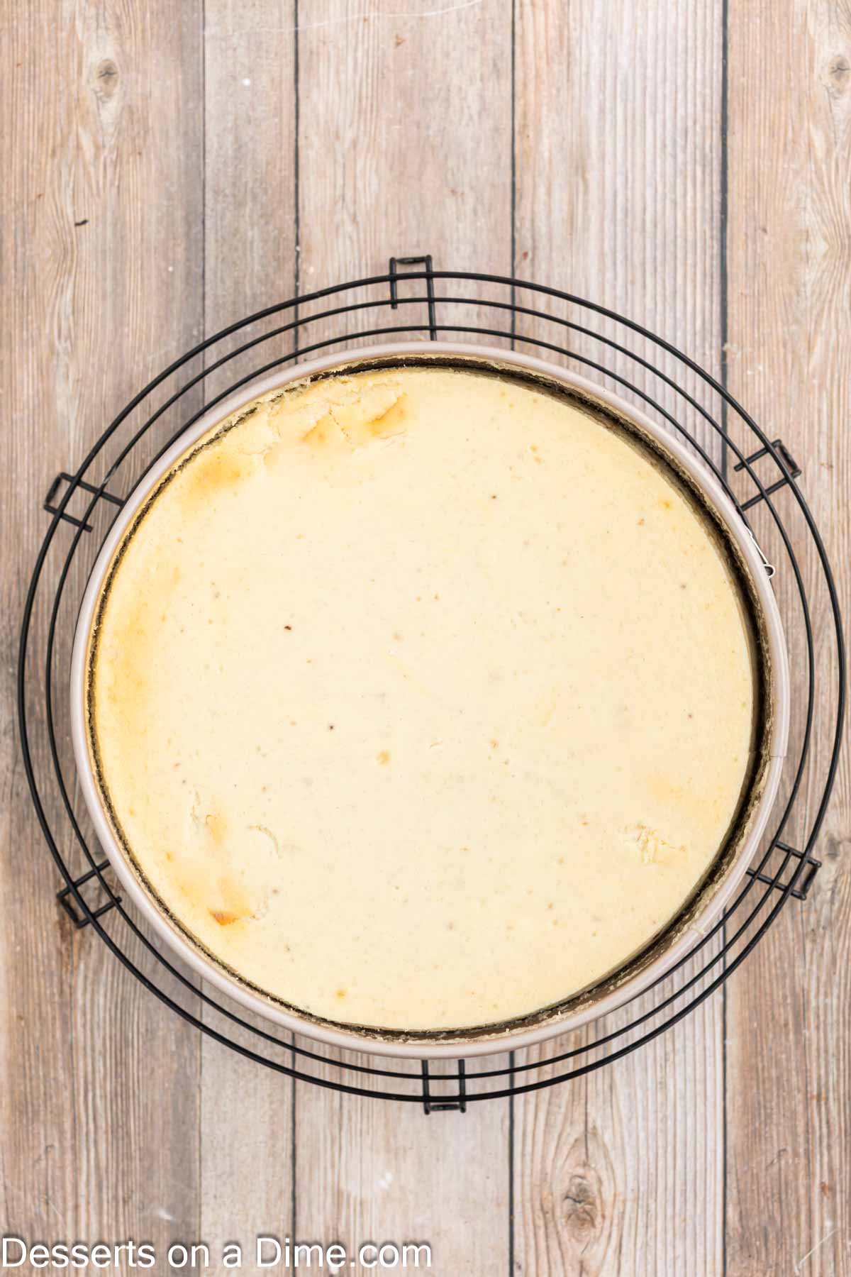 Cheesecake cooling on wire rack.