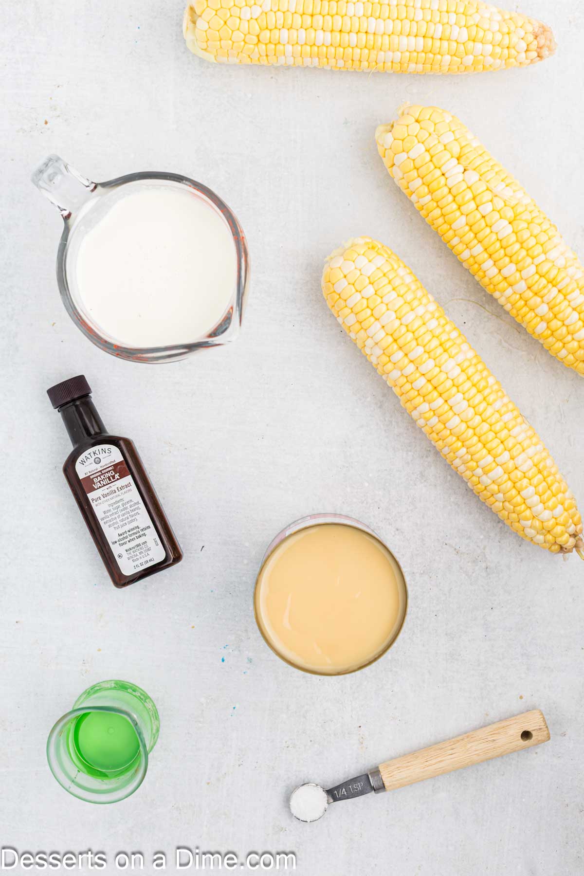 Ingredients for corn ice cream - corn, whipping cream, sweetened condensed milk, corn syrup, vanilla, salt.