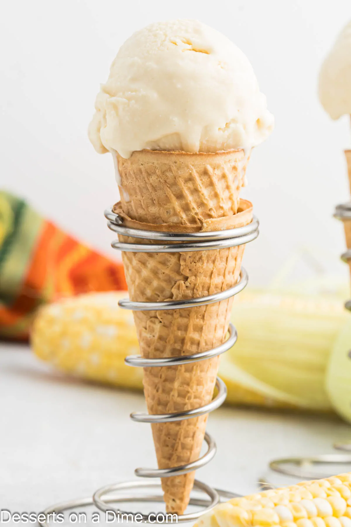 Corn ice cream in waffle cone.