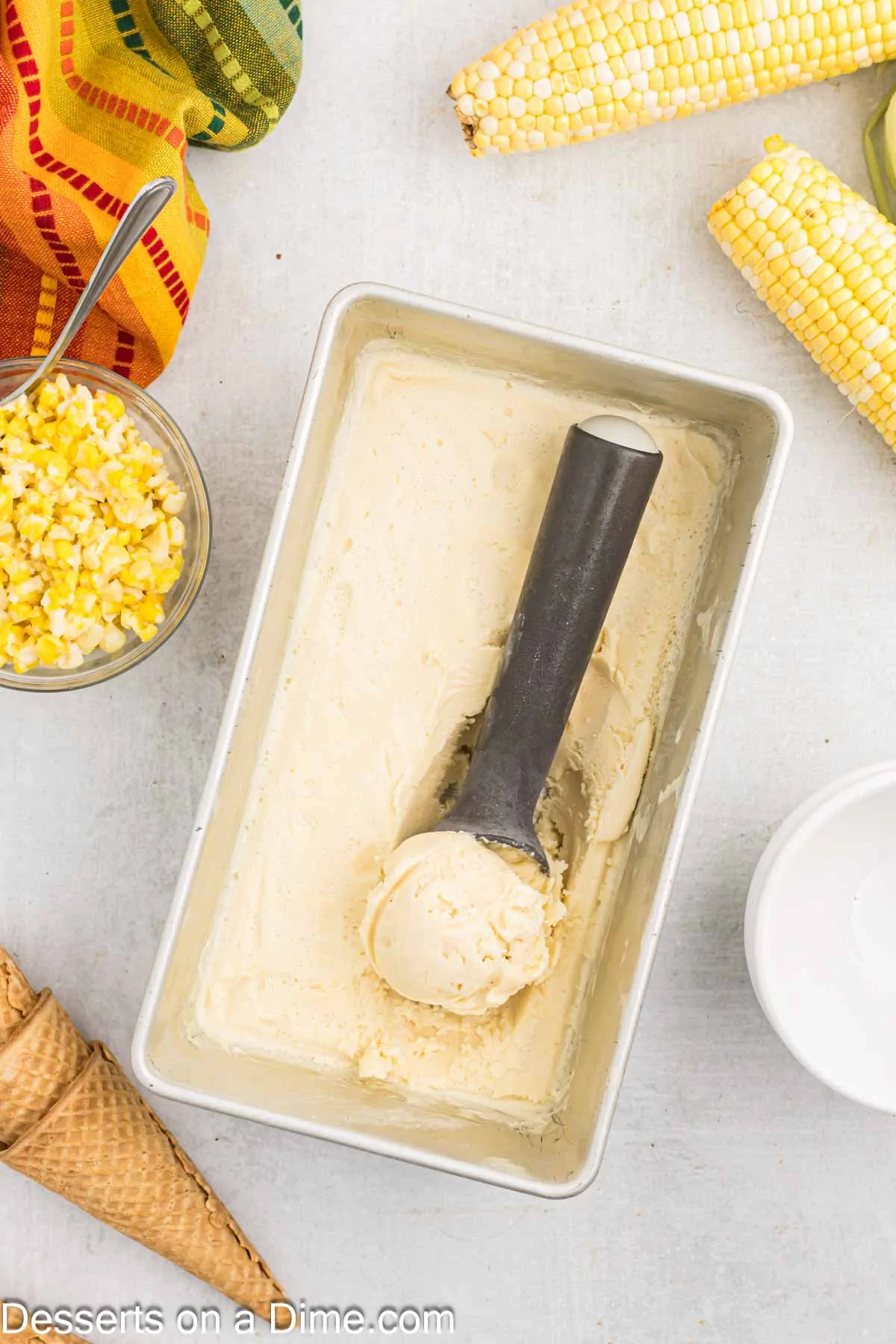 Ice cream frozen and scooped.