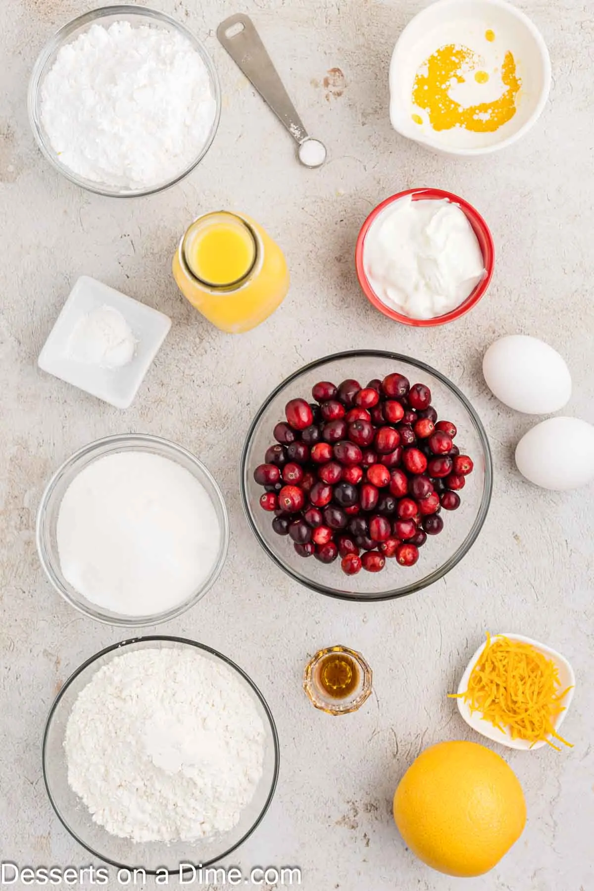 Ingredients for orange cranberry bread - Greek yogurt, butter, orange juice, zest, eggs, sugar, flour.