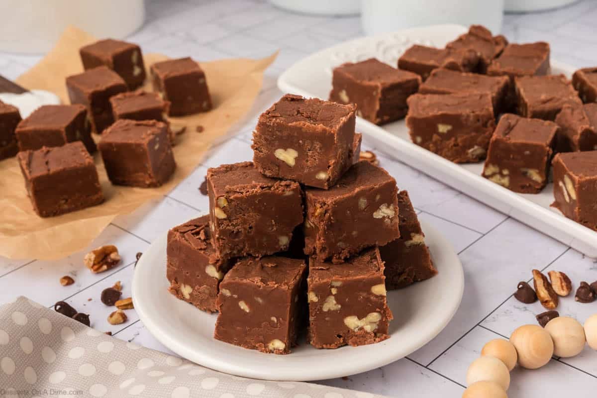 Fudge squares on a plate. 