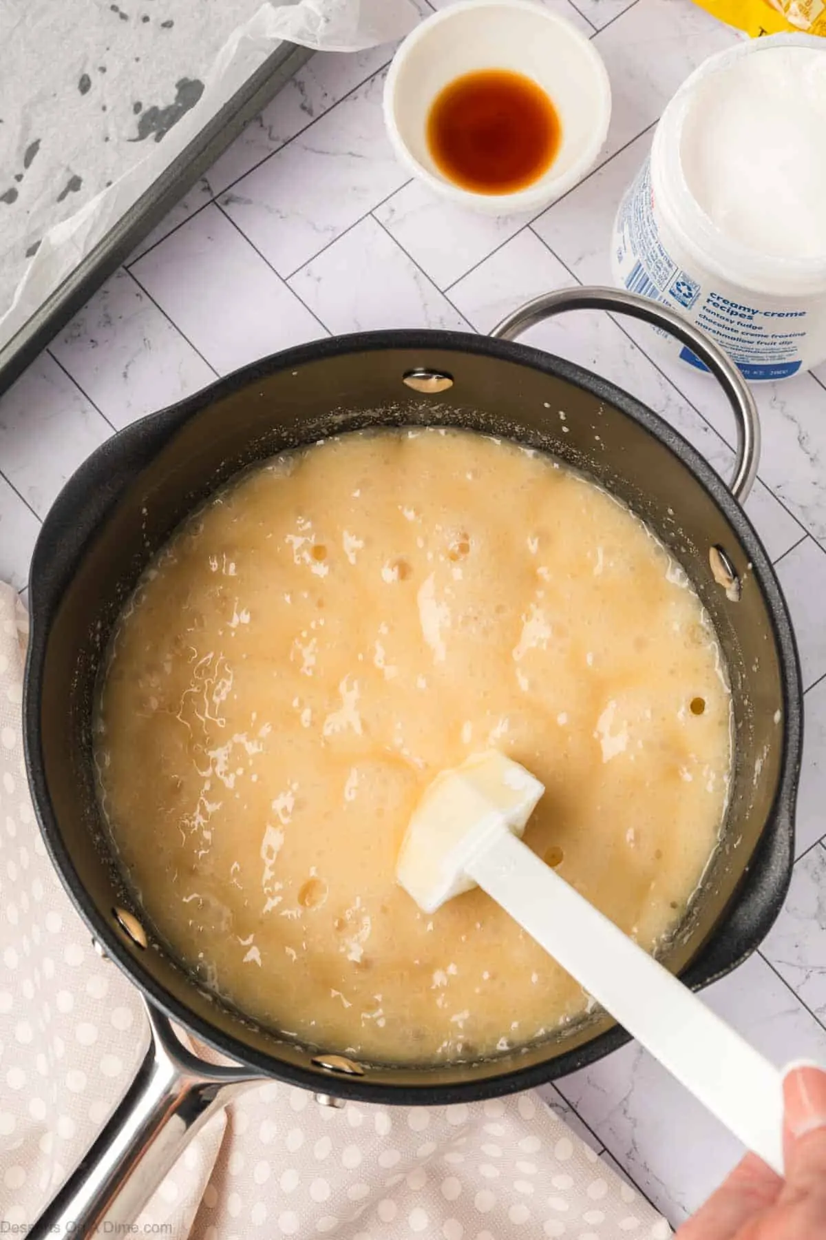 Mixture combined and boiling. 