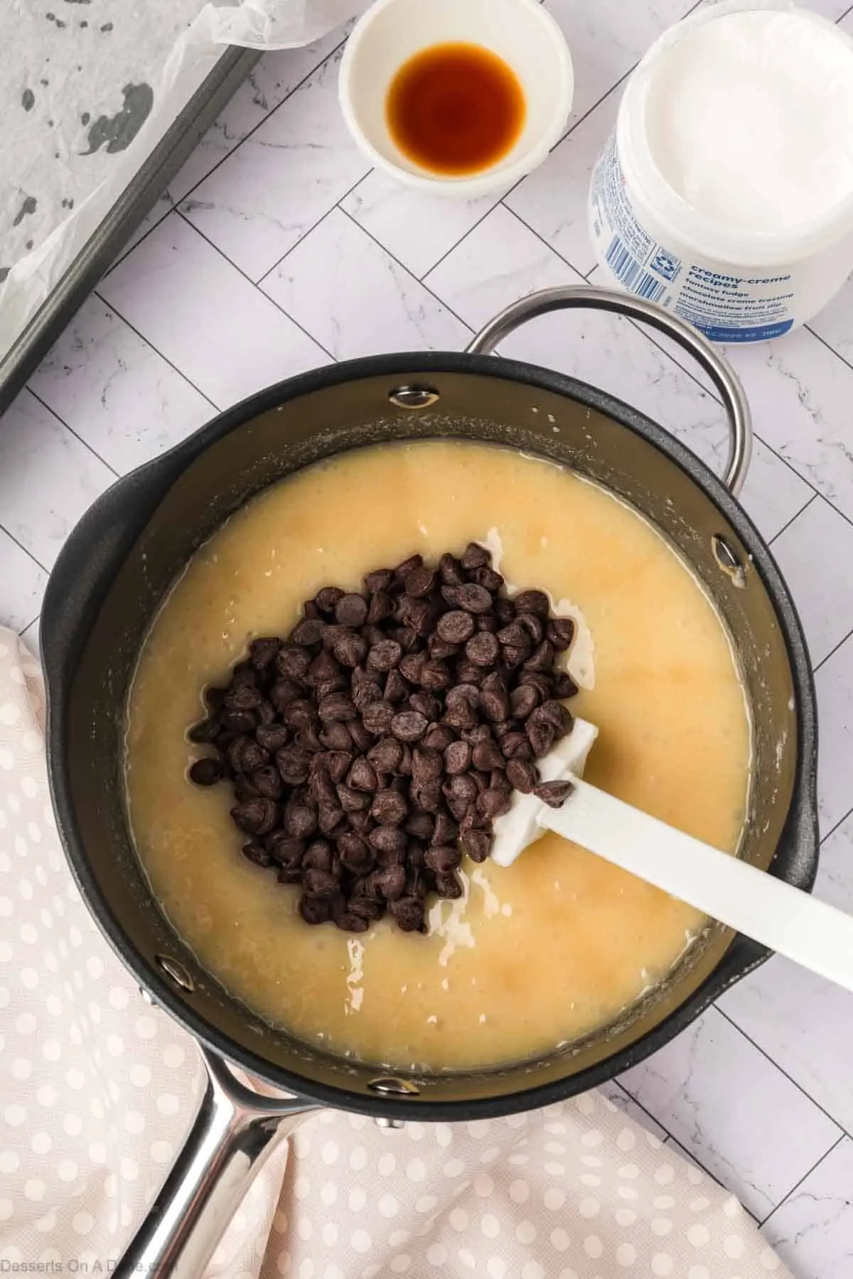 Chocolate chips added to mixture. 