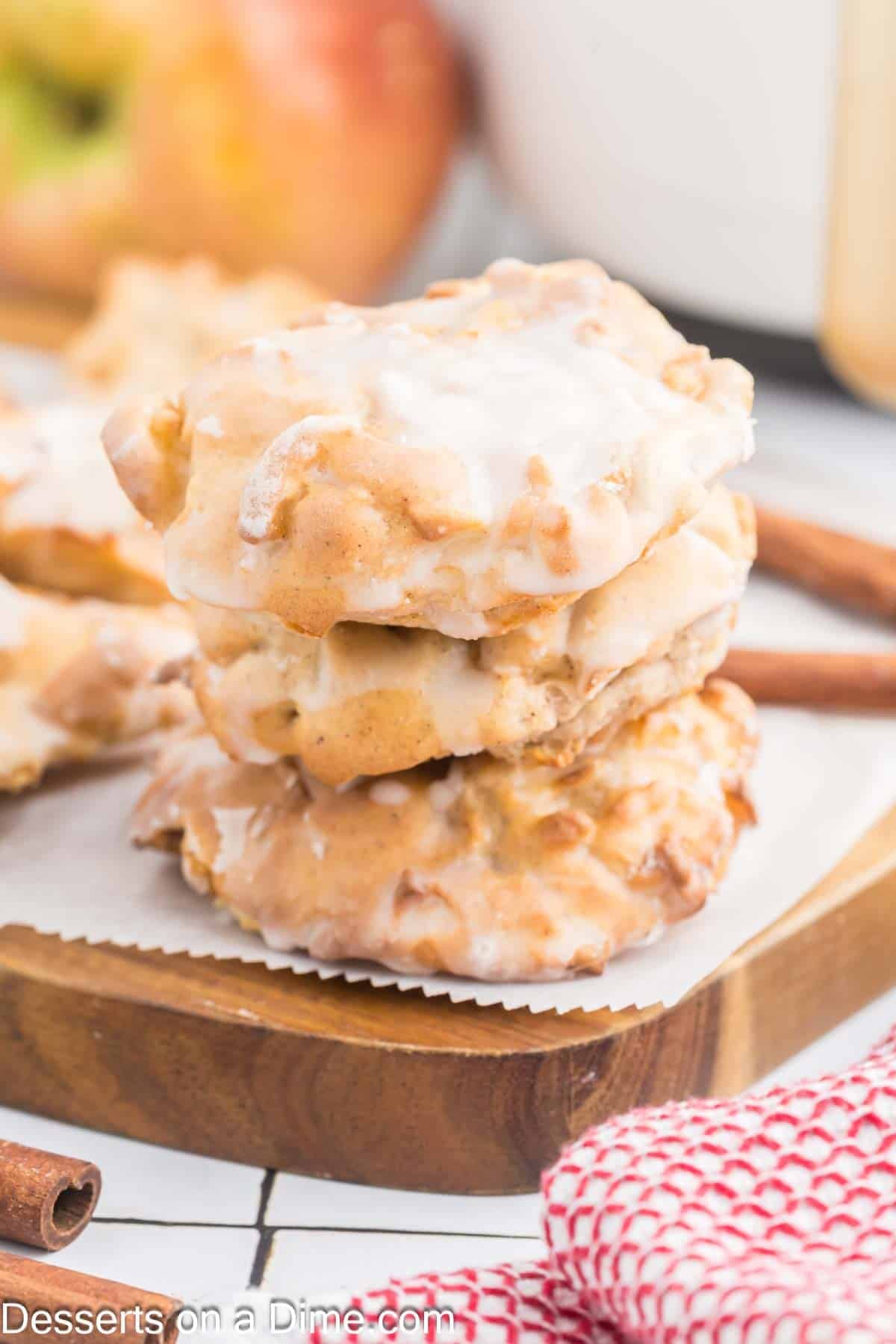 Apple fritters stacked together. 