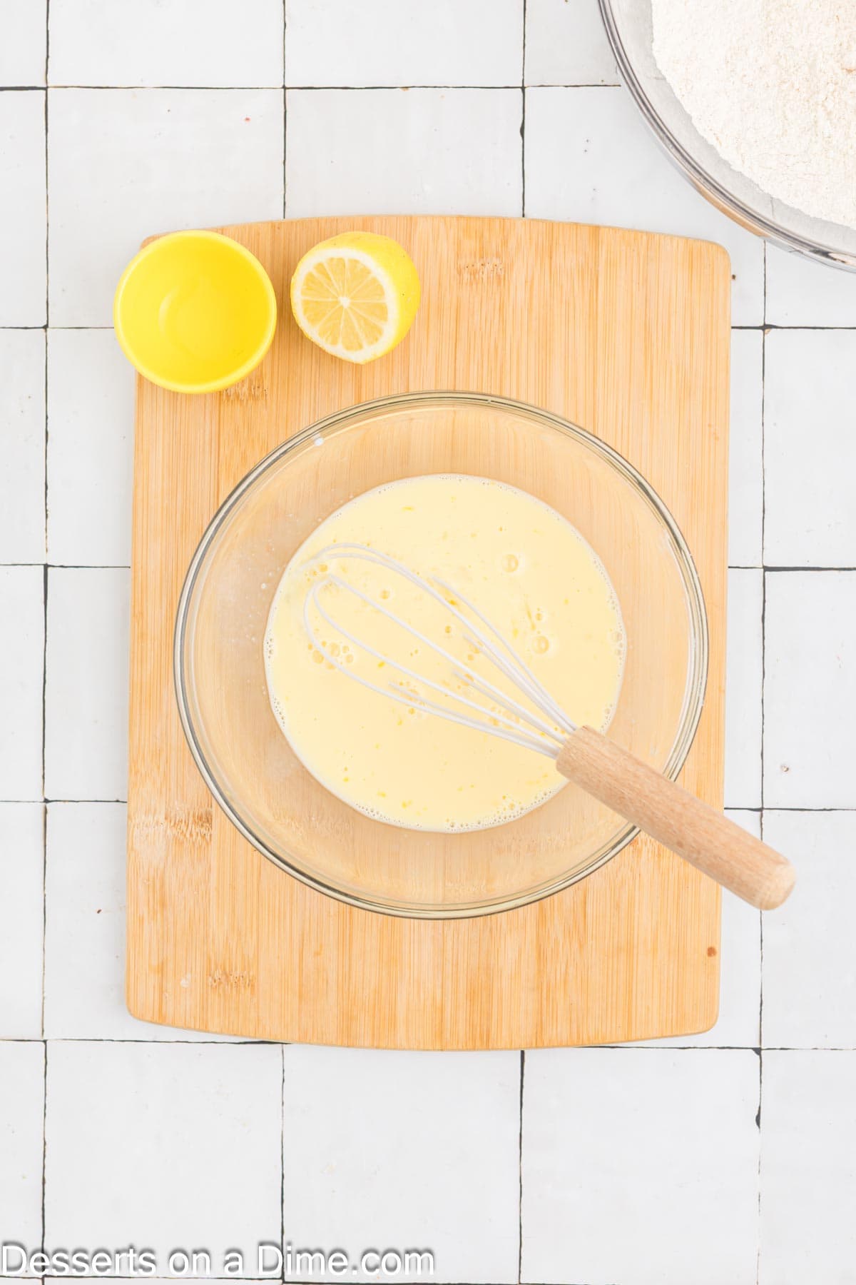 Mixing bowl with milk and eggs combined. 