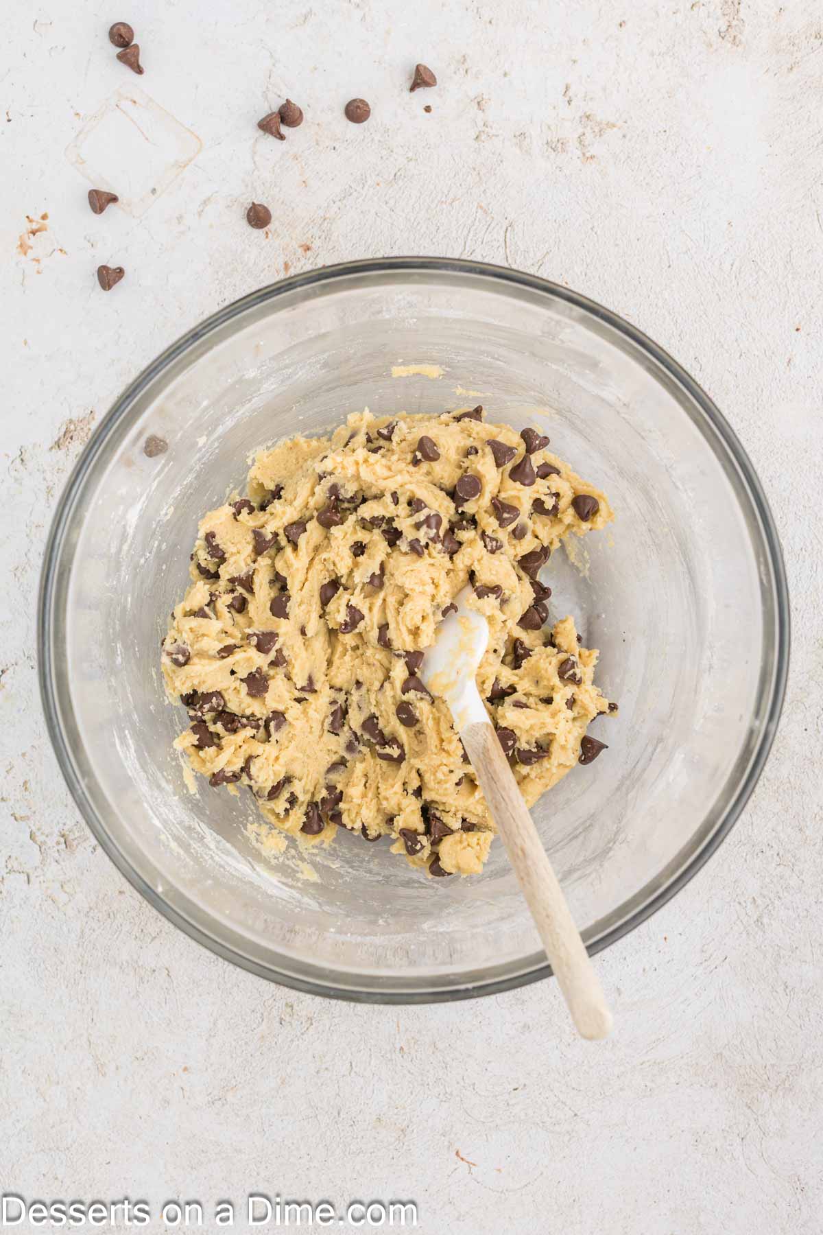 Chocolate chips folded into dough. 