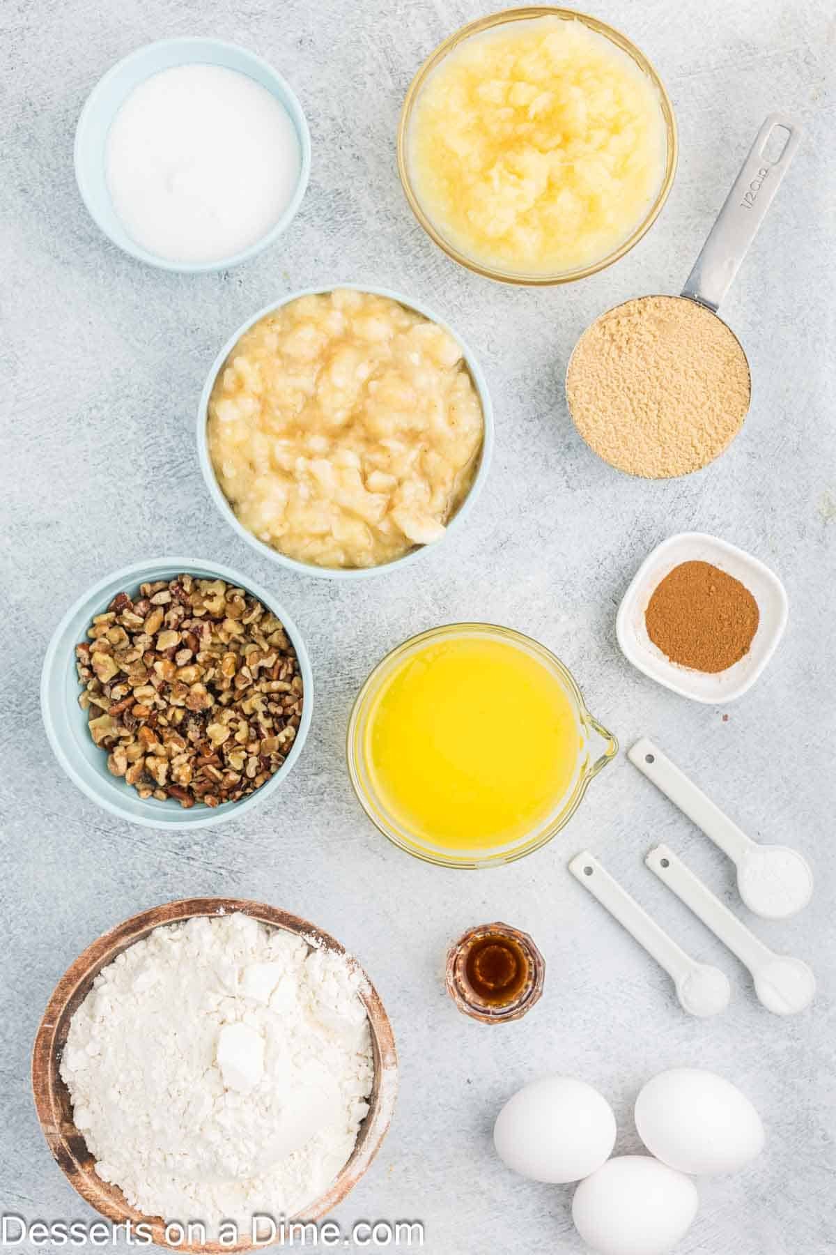 Ingredients for Banana Pineapple Bread - flour, sugar, brown sugar, baking powder, cinnamon, butter, eggs, pineapple and bananas. 