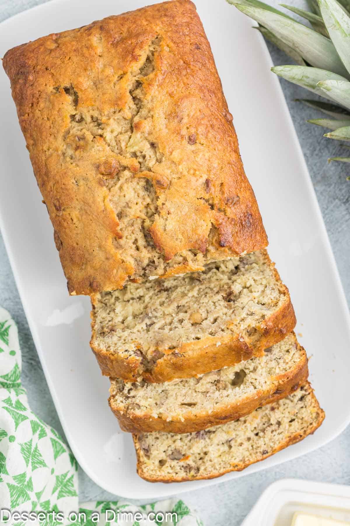 Banana Bread sliced on platter. 