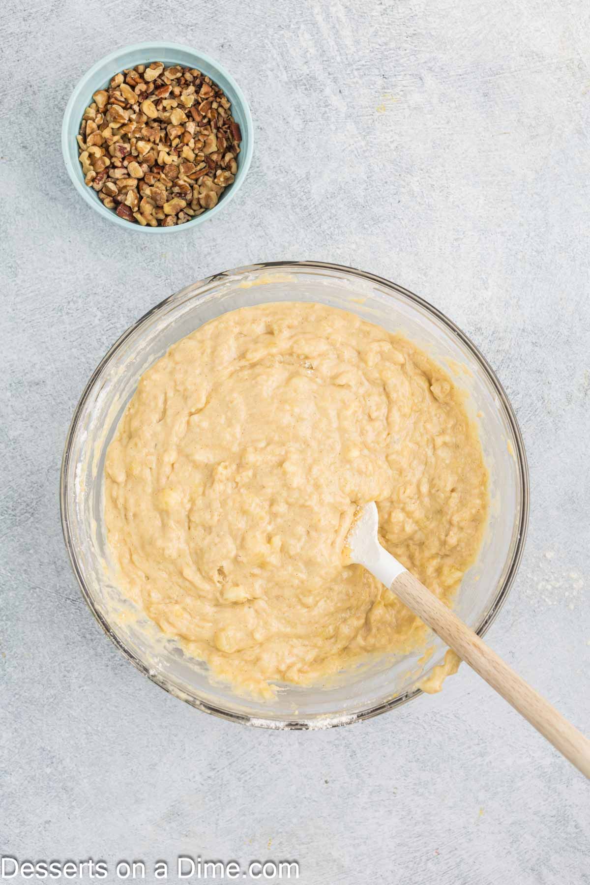 Bananas mixed into batter. 