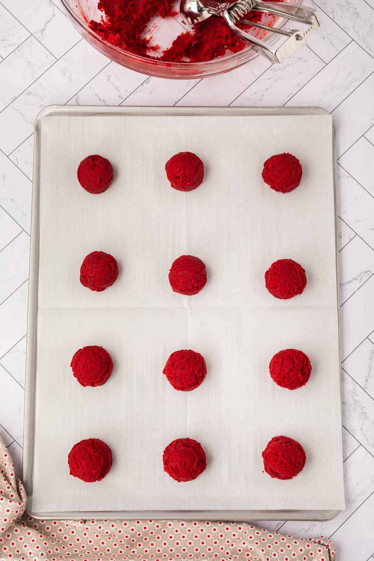 Dough balls scooped and placed on baking sheet.