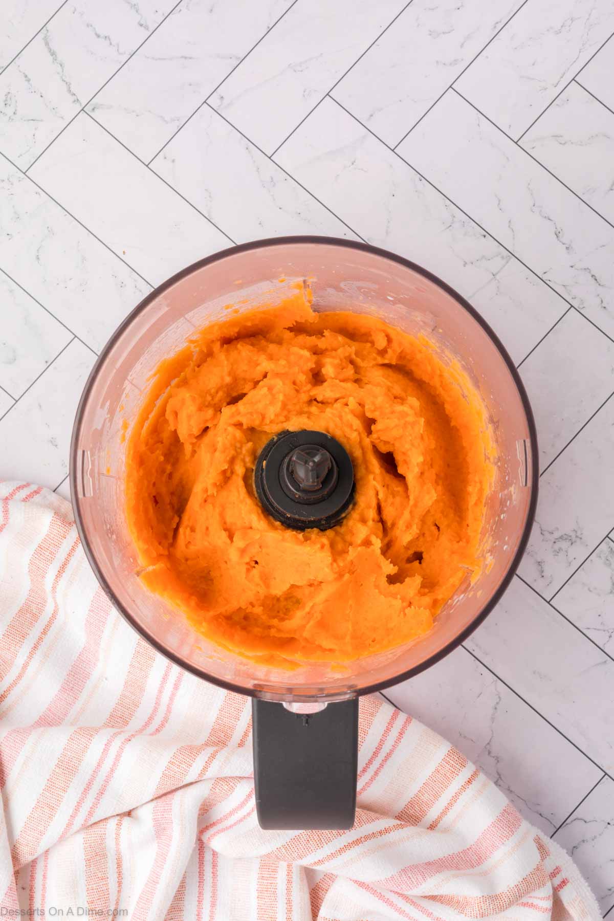 Sweet potato puree in a food processor. 