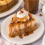Slice of Sweet Potato cheesecake on a white plate.