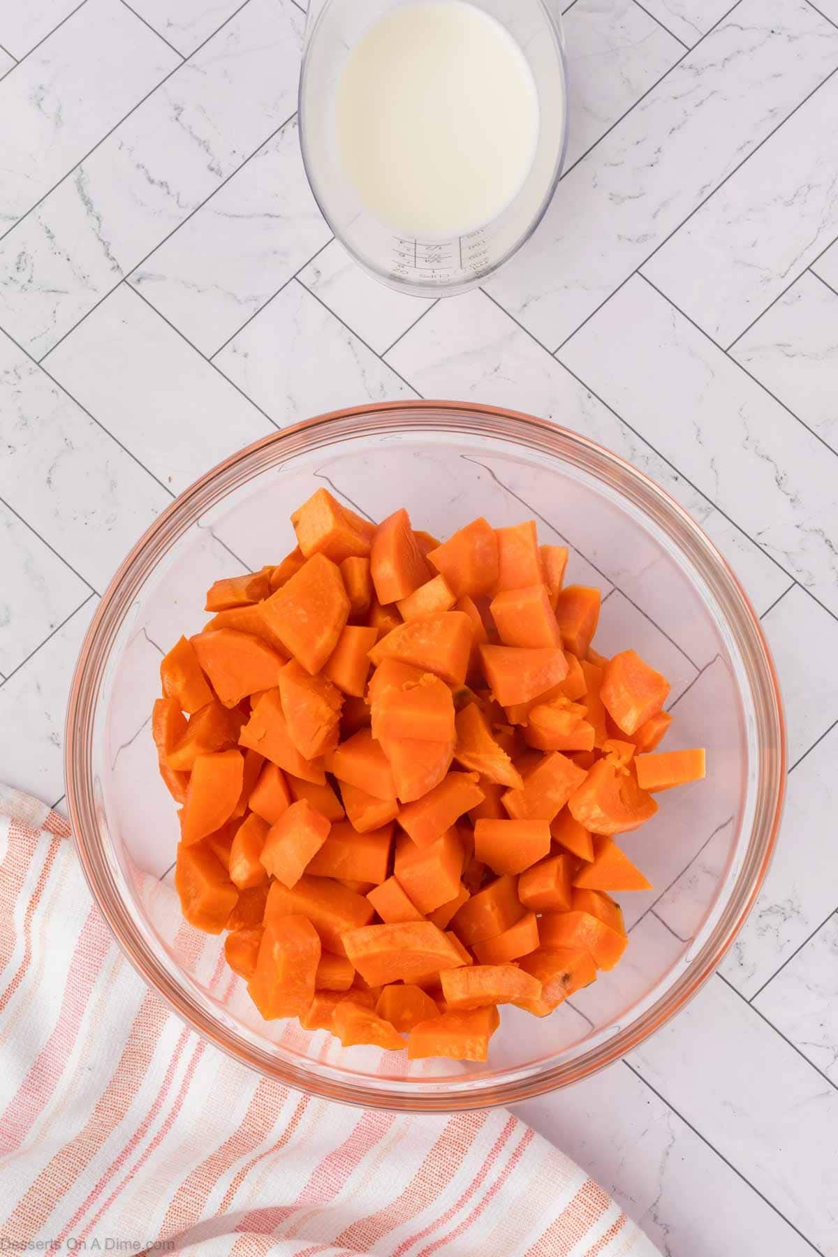 Diced sweet potatoes in a bowl. 