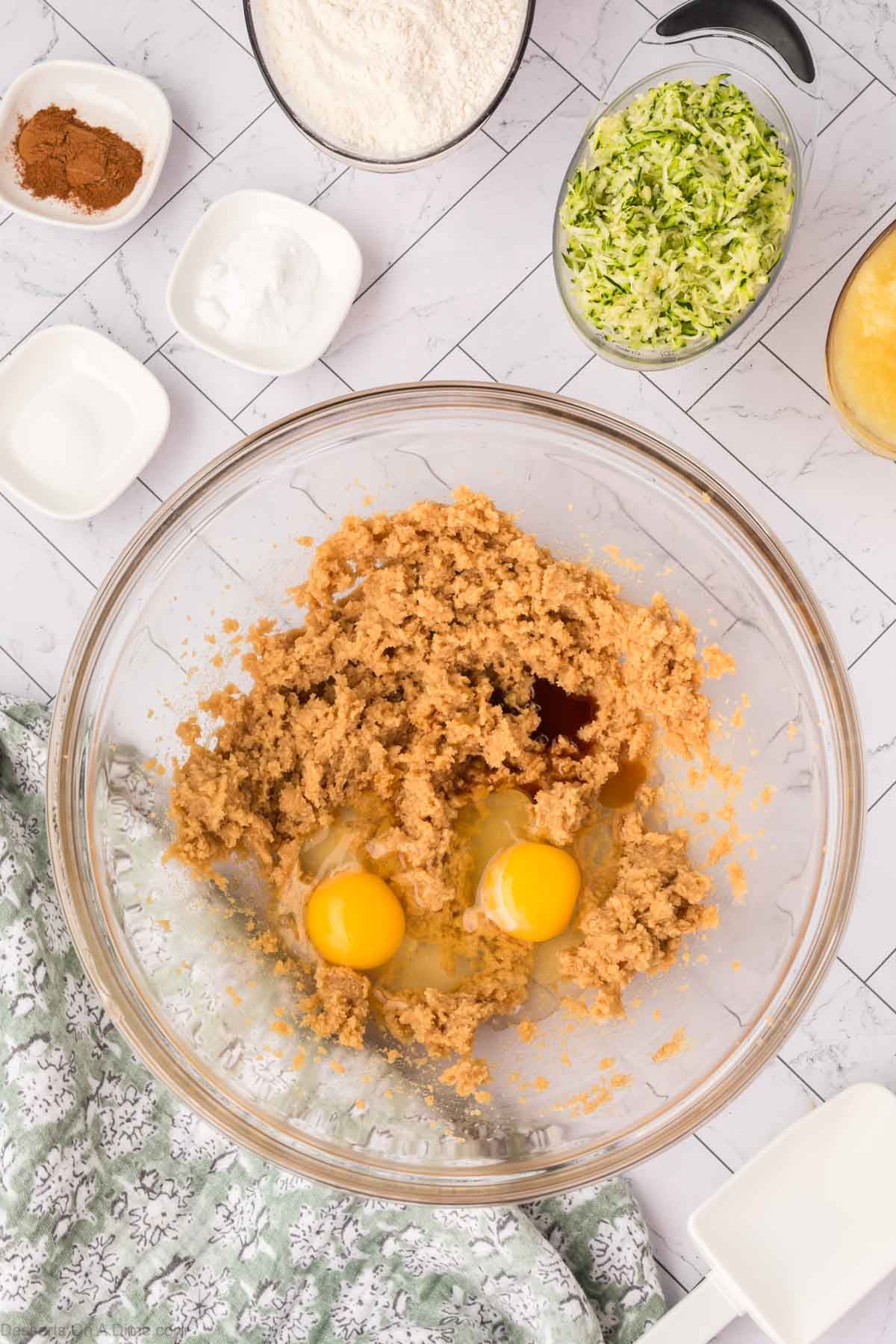 Eggs mixed into butter mixture. 