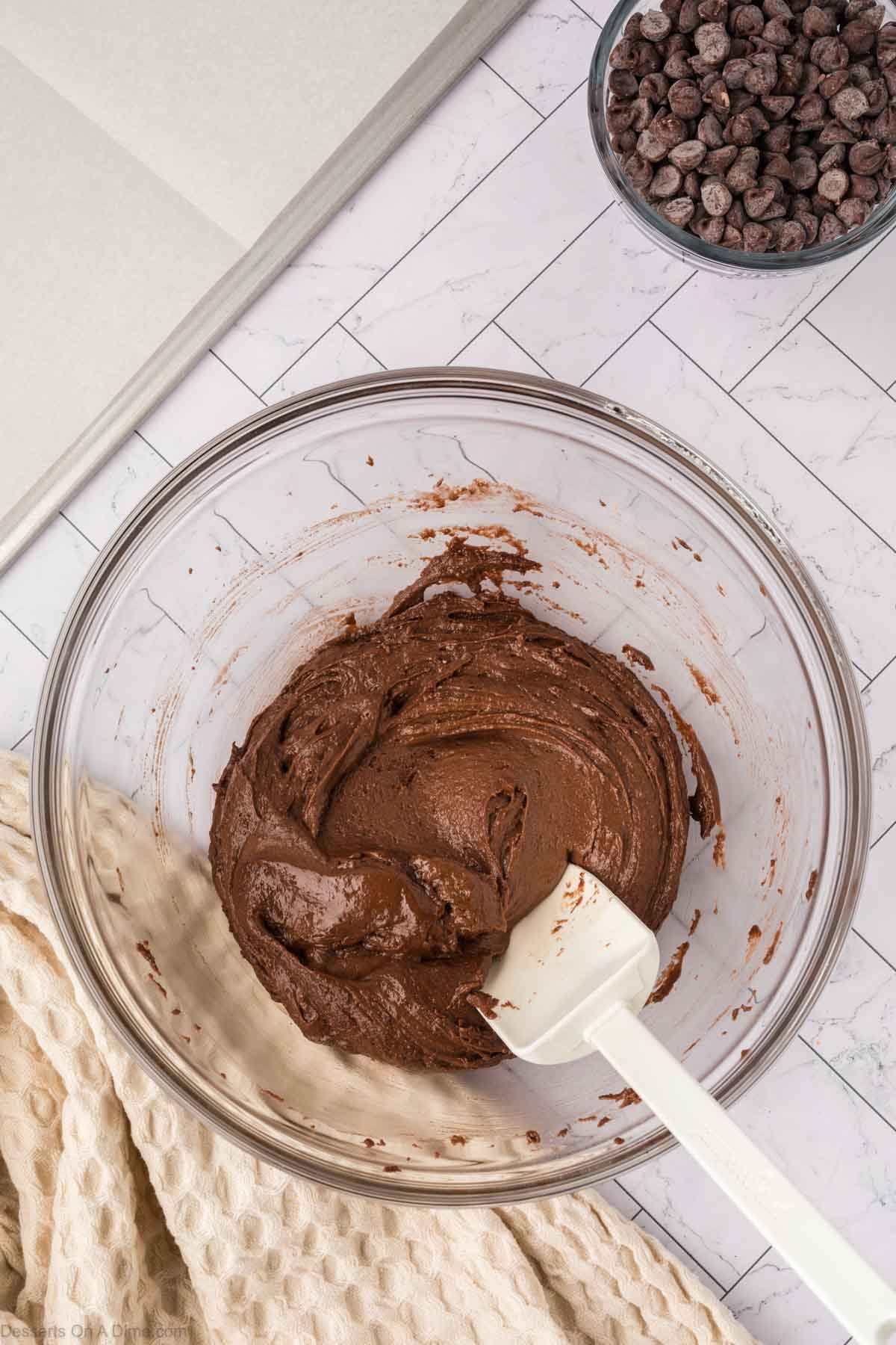 Cake batter combined in a bowl. 