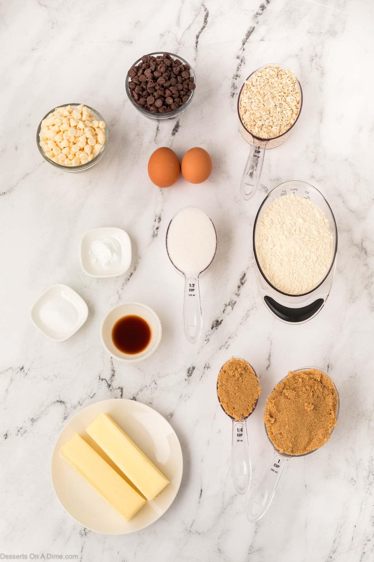 Ingredients for marry me cookies - brown sugar, white sugar, eggs, vanilla, flour, oats, baking soda, white chocolate chips, semi sweet chocolate chips.