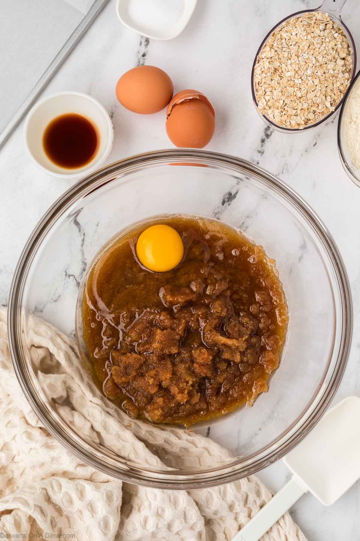 Egg and vanilla extract added to mixture. 