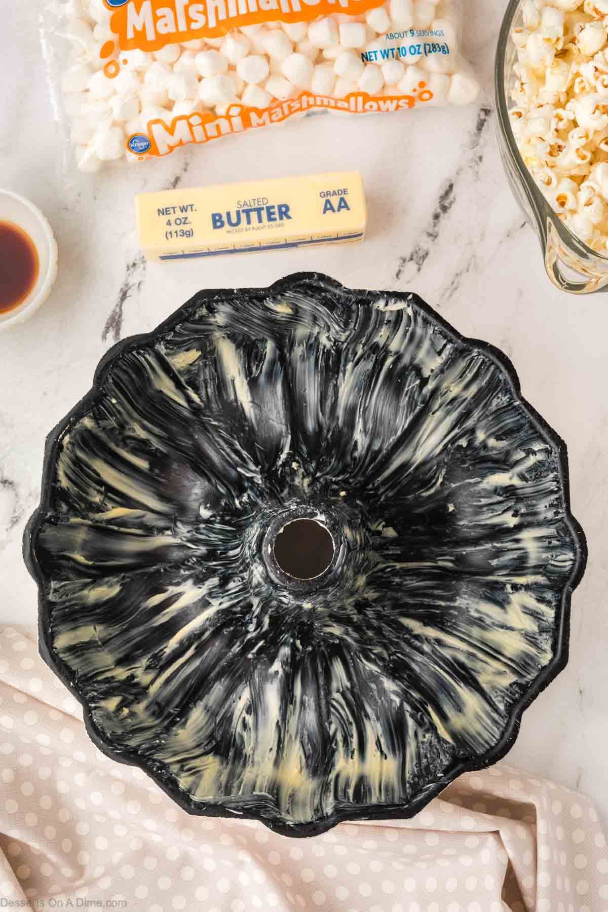Bundt Pan coated in melted butter. 