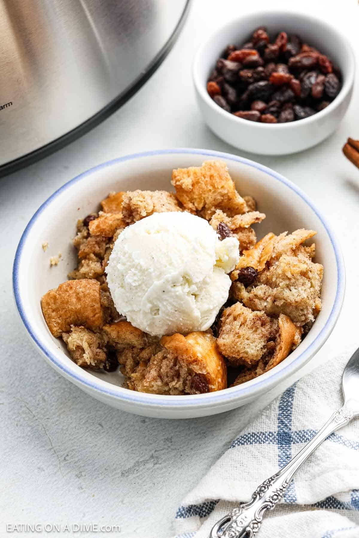 Bread pudding in a bowl. 