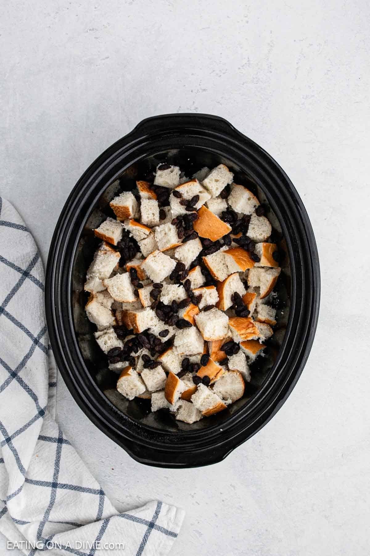 Bread cubes in slow cooker. 