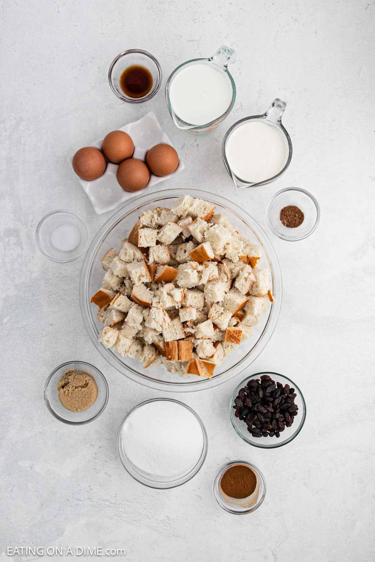 Ingredients - French bread, raisins, milk, cream, eggs. 