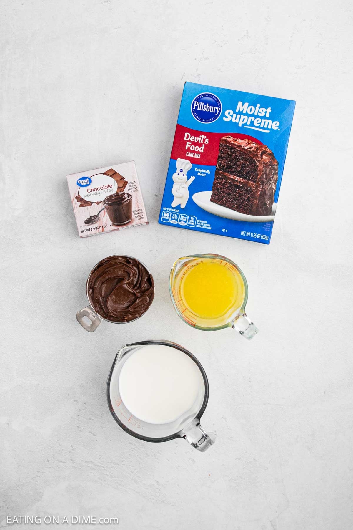 Ingredients - devil's food cake mix, instant chocolate pudding, Nutella, milk, butter.