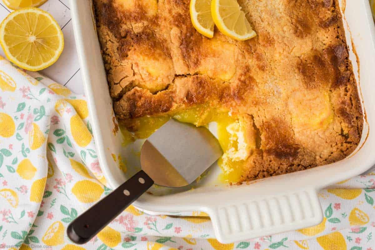 Lemon Cream Cheese Dump Cake in a white baking dish. 
