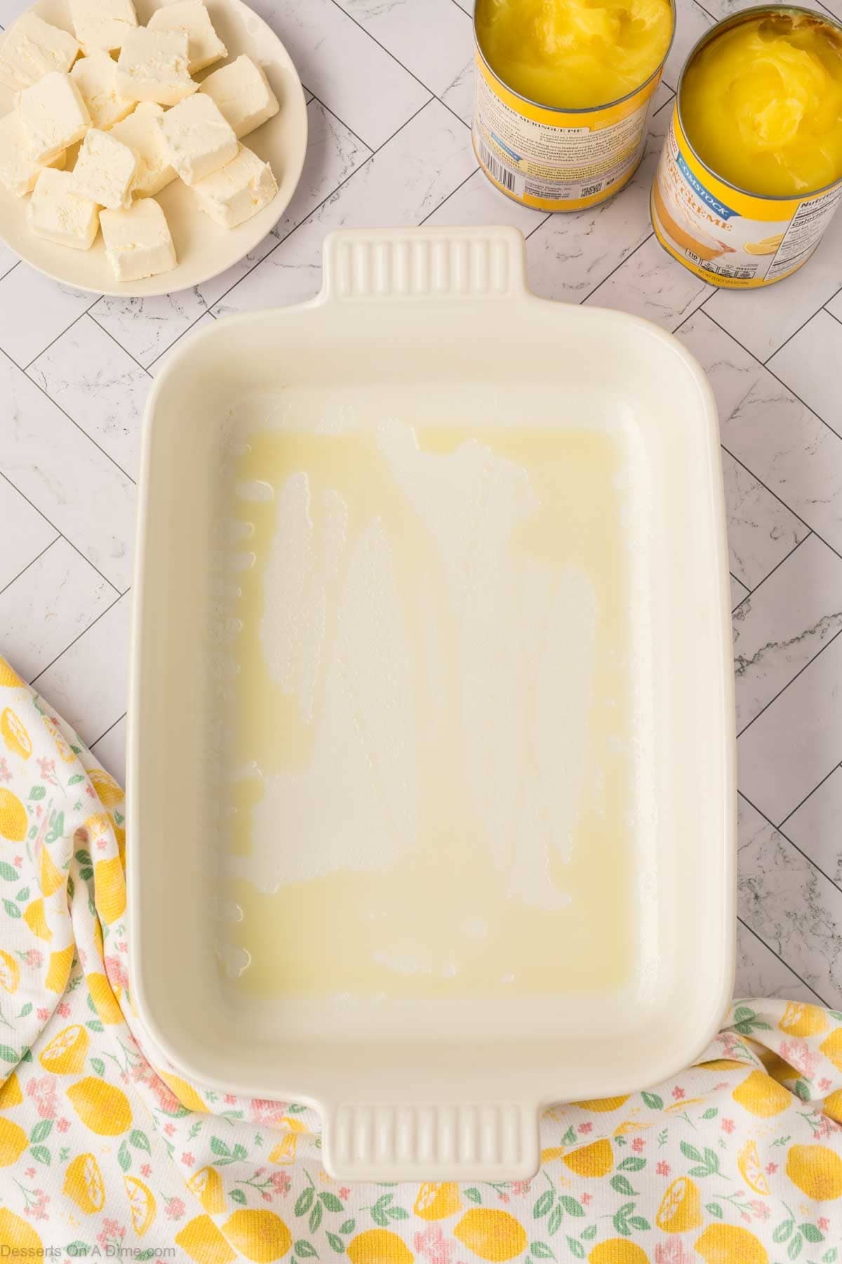 Baking dish with cooking spray. 